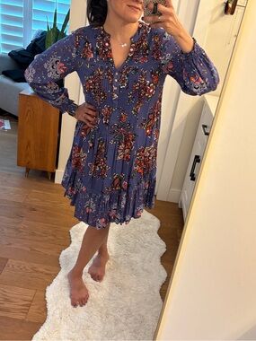 Anthropologie Blue Floral Pin-tucked Ruffled Mini-Dress